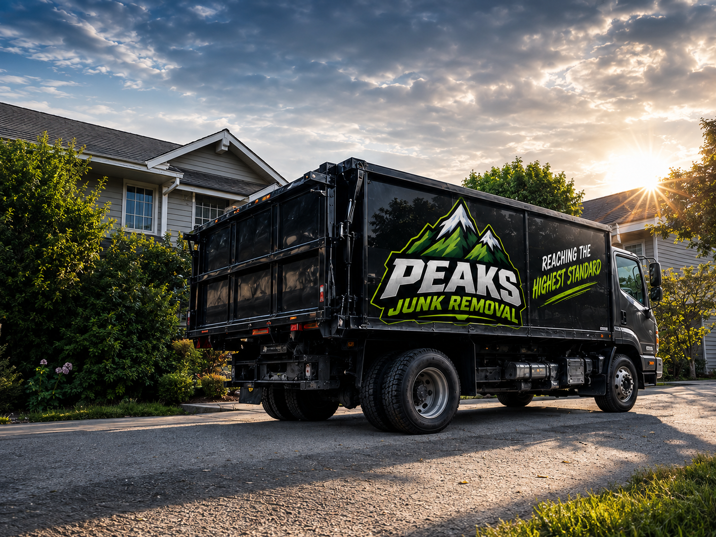 Peaks Junk Removal branded truck parked at a Northern New Jersey home at sunset